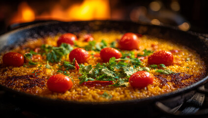 Delicious Paella Dish with Tomatoes and Herbs in a Pan.