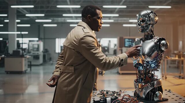 African American Detective Inspects Dismantled Android in Sci Fi Laboratory
