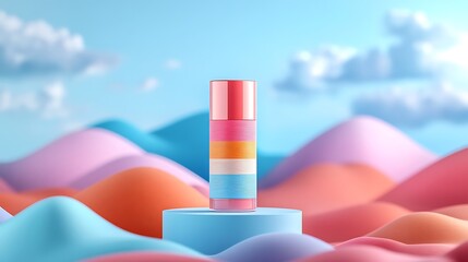 A colorful tube standing on a blue pedestal in a vibrant landscape