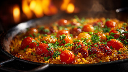 Delicious Paella with Tomatoes and Herbs Cooking Over Fire.