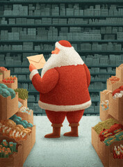 Santa Claus Reads a Letter in a Warehouse.