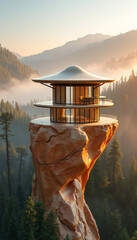 A scenic summer sunset and sunrise over a calm lake landscape featuring a traditional wooden gazebo tower and distant mountains in the natural park scenery of China
