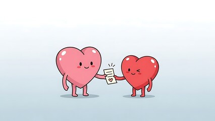Two cute heart characters exchanging a romantic love letter or small note