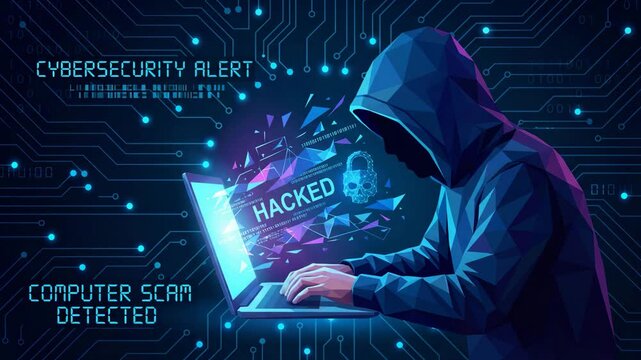 Low Poly Wireframe Hacker Working on Laptop. Cyber Security Alert and Computer Scam Detected. Video