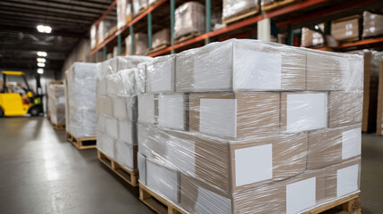 Pallet stacked with shrink-wrapped food packages ready for distribution, warehouse filled with high shelves and forklifts moving between aisles defocused, with copy space