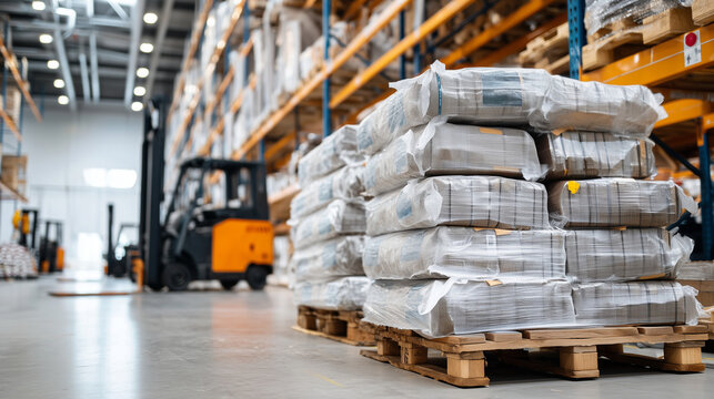 Pallet stacked with shrink-wrapped food packages ready for distribution, warehouse filled with high shelves and forklifts moving between aisles defocused, with copy space