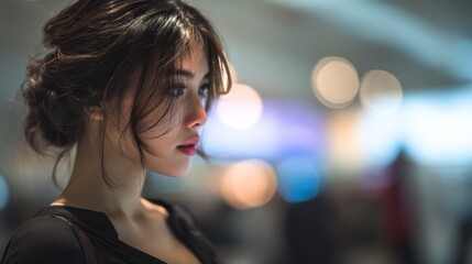 Fototapeta premium Elegant young woman with styled hair and natural makeup in a modern indoor setting