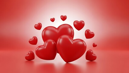 A collection of vibrant red hearts floating on a red gradient background