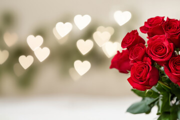 Fototapeta premium a bouquet of red roses on the right side, with heart-shaped bokeh lights in the background, creating an atmosphere for a valentine's day celebration. the roses add elegance and rom