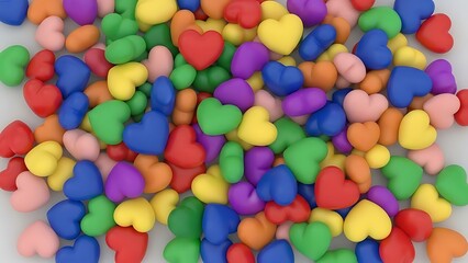 A pile of colorful heart-shaped candies scattered on a white surface
