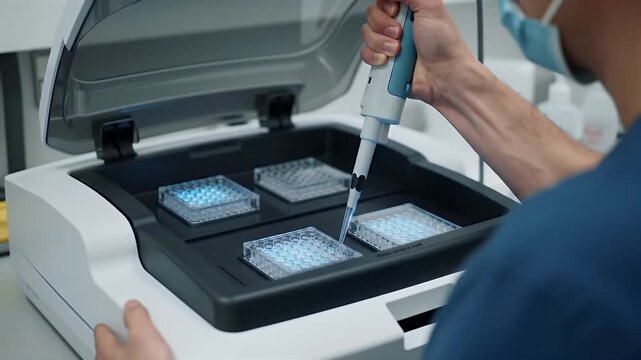 Scientist Pipetting Samples into Microplates in a Research Laboratory