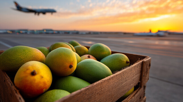 Ripe tropical mangos arranged in wooden crate ready for international export by air freight, bathed in golden hues of tropical sunset light, global trade operations meeting local h