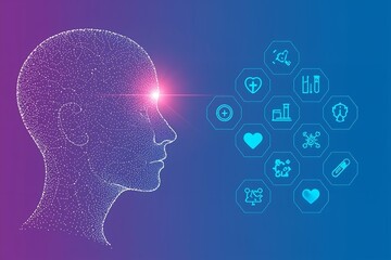 A digital illustration of a human head with a bright light and various medical icons floating out of it.