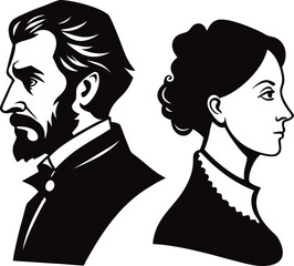 Vector illustration of a silhouette couple in a romantic profile kiss featuring a black outline of a woman and man with heart shapes for a Valentine beauty art design