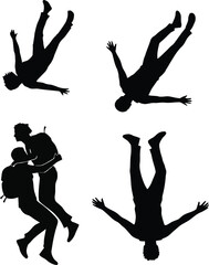 Vector illustration of a black silhouette group featuring a man, woman, and ballet dancers performing a fitness jump and yoga pose in an artistic dance display of movement and body grace
[