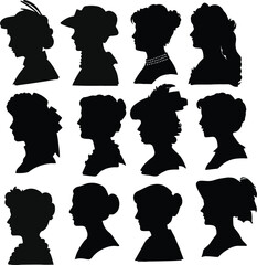 Vector illustration set of black woman profile silhouettes and user avatar icons featuring diverse hair styles and head outlines for web design symbols,l;'lk['

