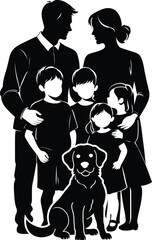 A black vector illustration shows a silhouette of a family including a father, mother, son, and daughter walking together as a loving group of people