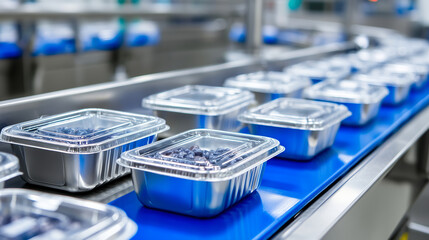 automated kitchen production line looping identical sealed meal trays, stainless steel surfaces