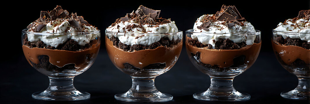 Rich layered chocolate trifles in elegant glass dessert cups topped with whipped cream and chocolate shavings on black background for indulgent dessert and restaurant menu photography