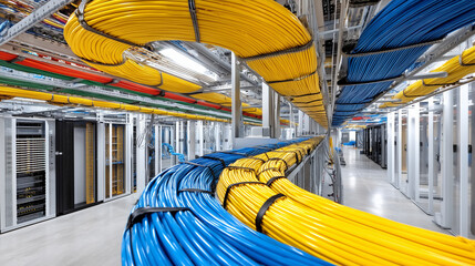 data center cable trays routed in a circular path returning to the same server rack, cool ambient lighting, clean floor