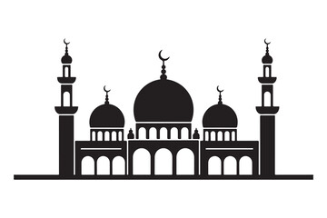 Elegant black silhouette of a mosque with two minarets and several domes against a plain white background © MSTGIRATUN