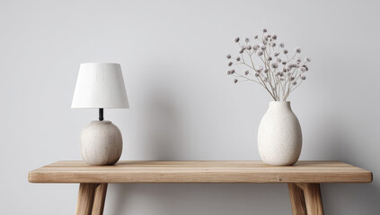Minimalist Home Decor - Lamp and Vase on Wooden Table.