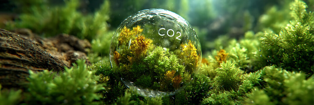 Glass bubble labeled CO2 resting on vibrant green moss ecosystem illustrating carbon capture climate change mitigation and sustainable environmental technology concepts