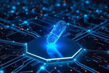 A glowing blue capsule sits on a futuristic circuit board with neon lights