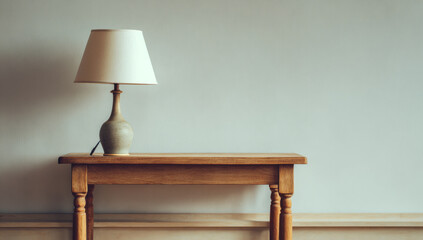 Elegant Lamp on Wooden Table Against a Neutral Wall.