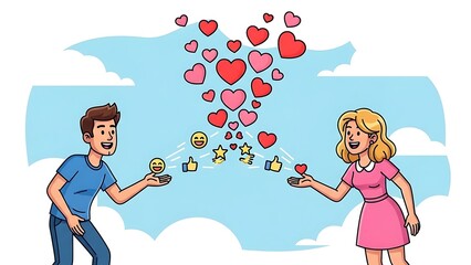 Young couple exchanging digital hearts and social media icons in online relationship