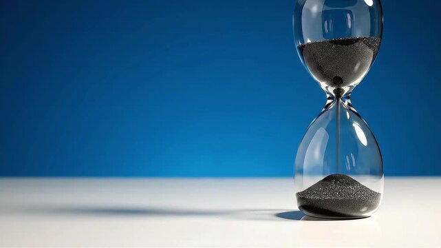 Sandglass timer measuring passing time with falling black sand on white table against blue studio wall