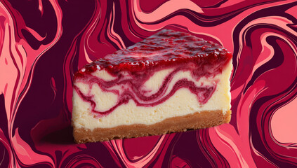 Delicious Slice of Raspberry Swirl Cheesecake on Abstract Background.