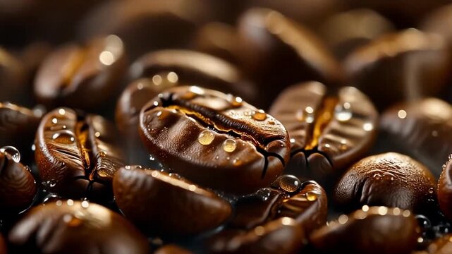 Macro shot of raw coffee beans with morning dew droplets forming and subtly evaporating, cinematic 4K.