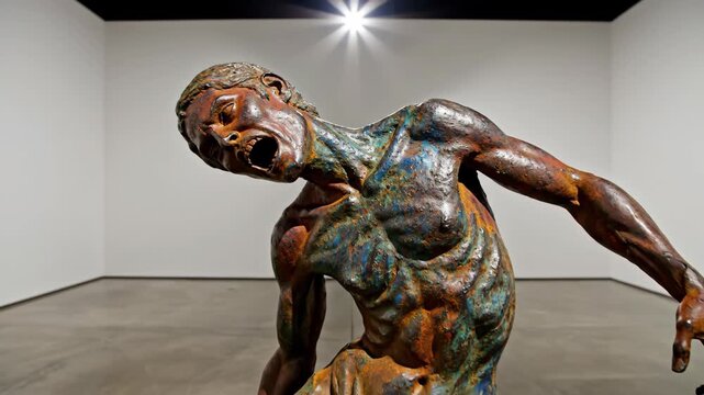 Close Up of Oxidized Metal Sculpture Screaming in Gallery Zoom Out