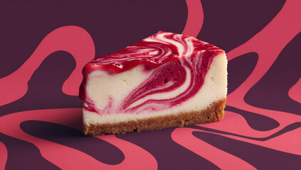 Delicious Raspberry Swirl Cheesecake Slice on Patterned Background.