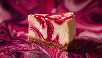 Delicious Raspberry Swirl Cheesecake Slice on Vibrant Pink Background.