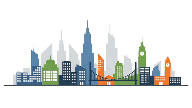 A colorful vector illustration depicting a silhouetted cityscape. Buildings vary in height, with some featuring clock towers and a suspension bridge