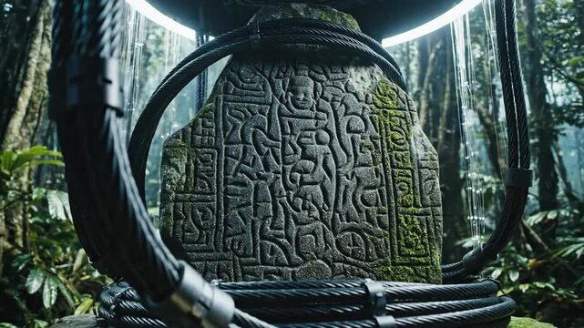 Ancient carved altar stone surrounded by industrial cables in jungle