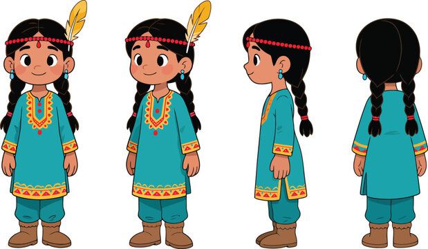 Cute Tribal Indian Girl Character Turnaround in Traditional Dress &ndash; Front, Side, Back Views