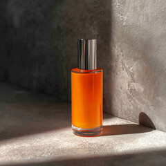 Elegant Orange Perfume Bottle on Concrete Surface with Shadow.