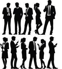 A collection of business people silhouettes featuring a professional team of men and women in suits representing success and teamwork through a vector illustration set