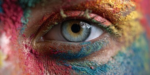 Detailed Macro Eye View with Rainbow Powder for Beauty and Festival Concept