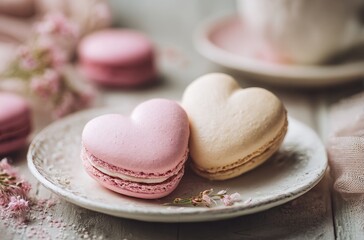 Sweet Dessert Table with Heart Macarons and Tea Cup Background