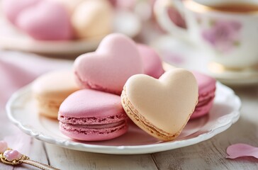 Close-up of Delicious Gourmet Heart Macarons in Pastel Pink and Beige