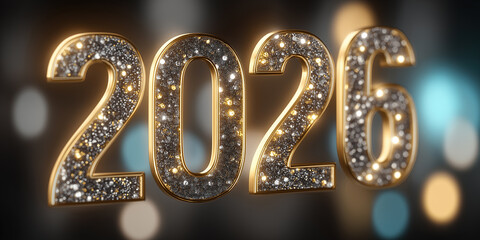 Sparkling golden 2026 digits shine against dark backdrop with colorful bokeh orbs.