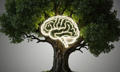 A luminous tree whose branches form the shape of a human brain, symbolizing knowledge, growth, and the merging of nature