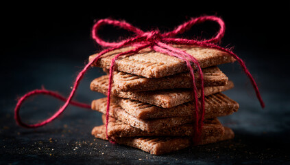 Stack of homemade cookies tied with red ribbon.