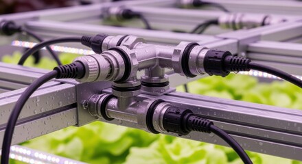Detailed shot of waterproof connectors on an indoor vertical farming LED rack to ensure durability in humid conditions.