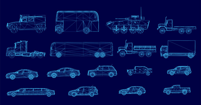 Blueprint wireframe set of cars and trucks on a blue background, providing detailed technical views of various vehicle types. Side view