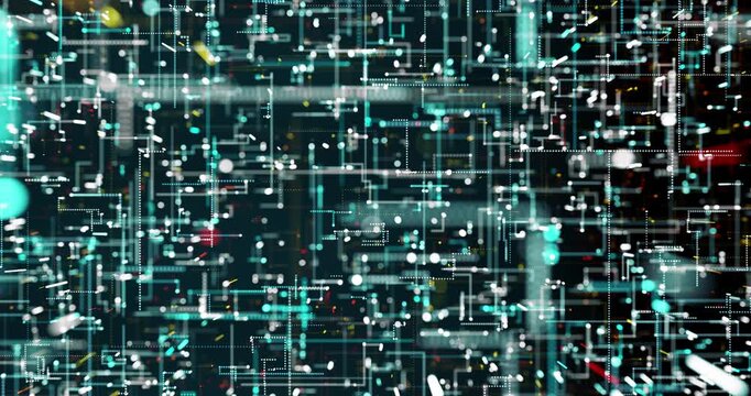 The abstract digital world pulsates with neon lines and dots, weaving the pattern of cyberspace. Color energy fills space, creating the illusion of data flowing.